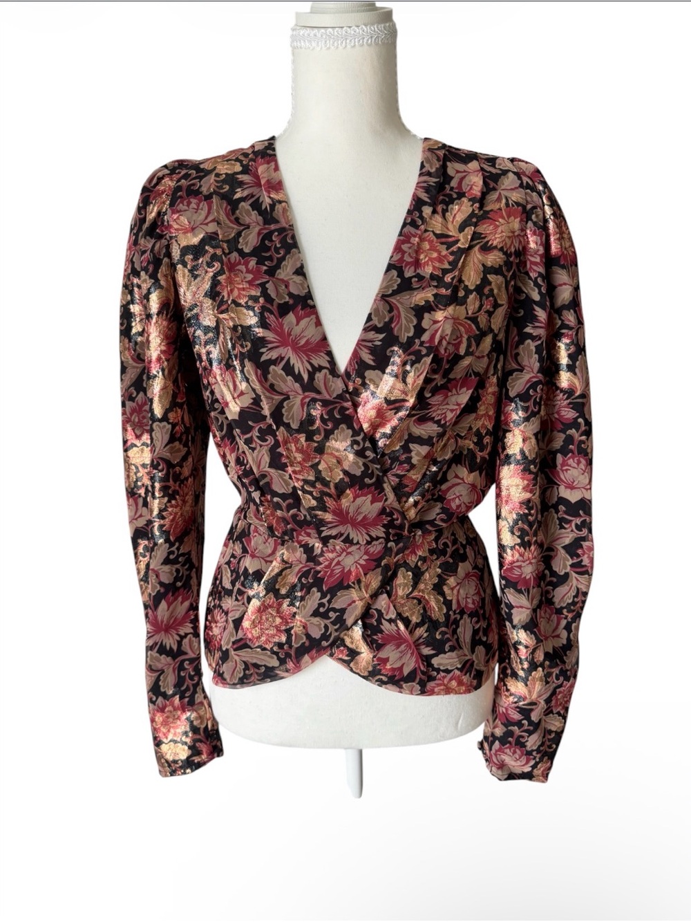 NWT Express Small Metallic Floral Faux Wrap Peplum Blouse Long Puff Sleeve Top